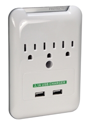 3-Outlet Wallmount Surge Protector with Dual-USB 2.1Amp Charging Ports PP-68PL-AC3200-CMT