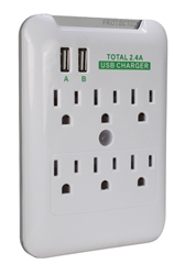 6-Outlet Wallmount Surge Protector with Dual-USB 2.4Amp Charging Ports PP-68PL-AC6200-CMT